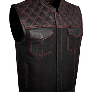 Mens Black Denim & Leather Motorcycle Club Vest Red Thread Zipper Front, Diamond Padding