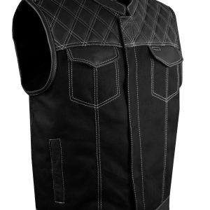 Mens Black Denim & Leather Motorcycle Club Vest White Thread Zipper Front, Diamond Padding