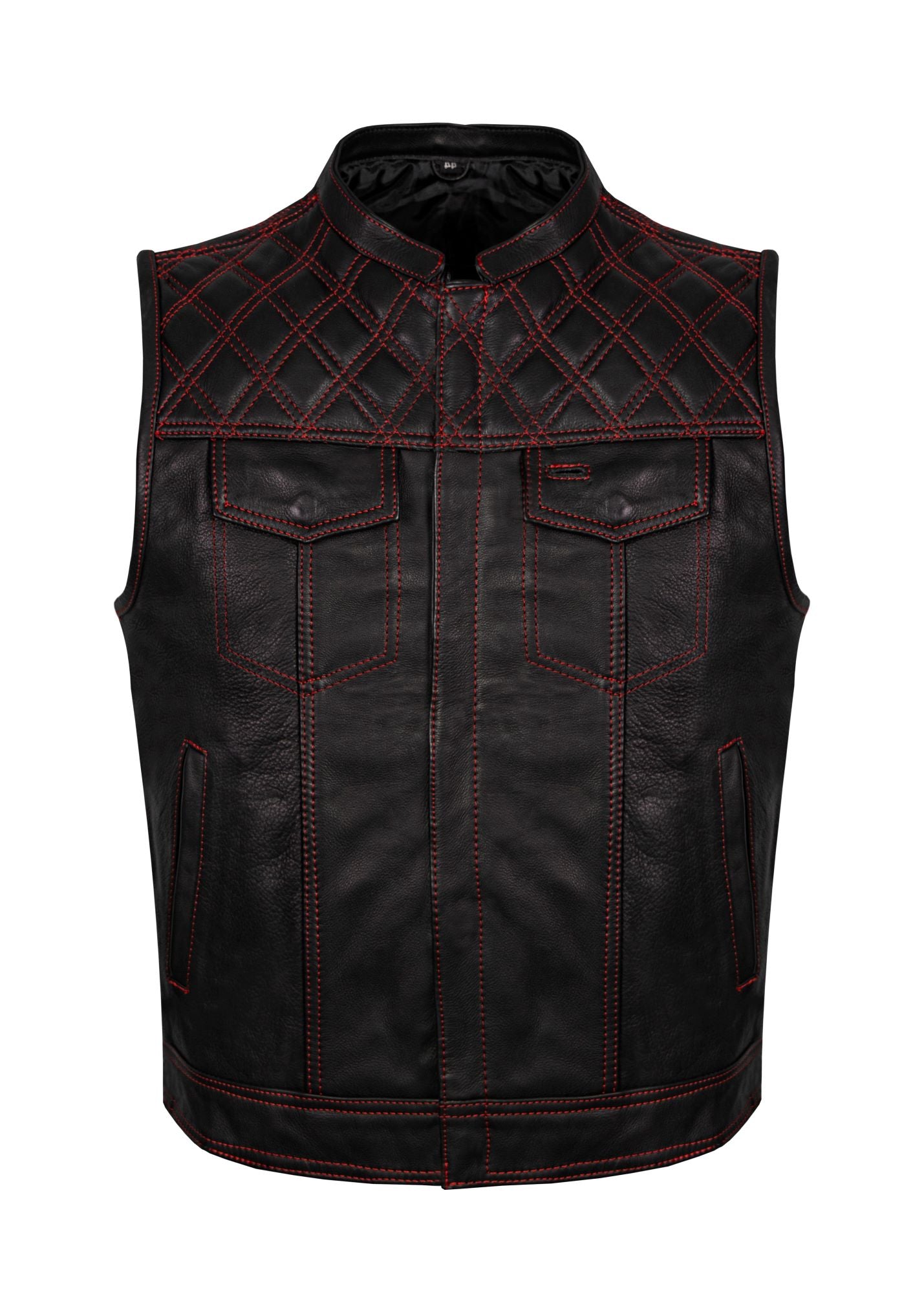 Mens Premium Naked Leather Motorcycle Club Vest Red Thread Zipper Front, Diamond Padding - Image 2