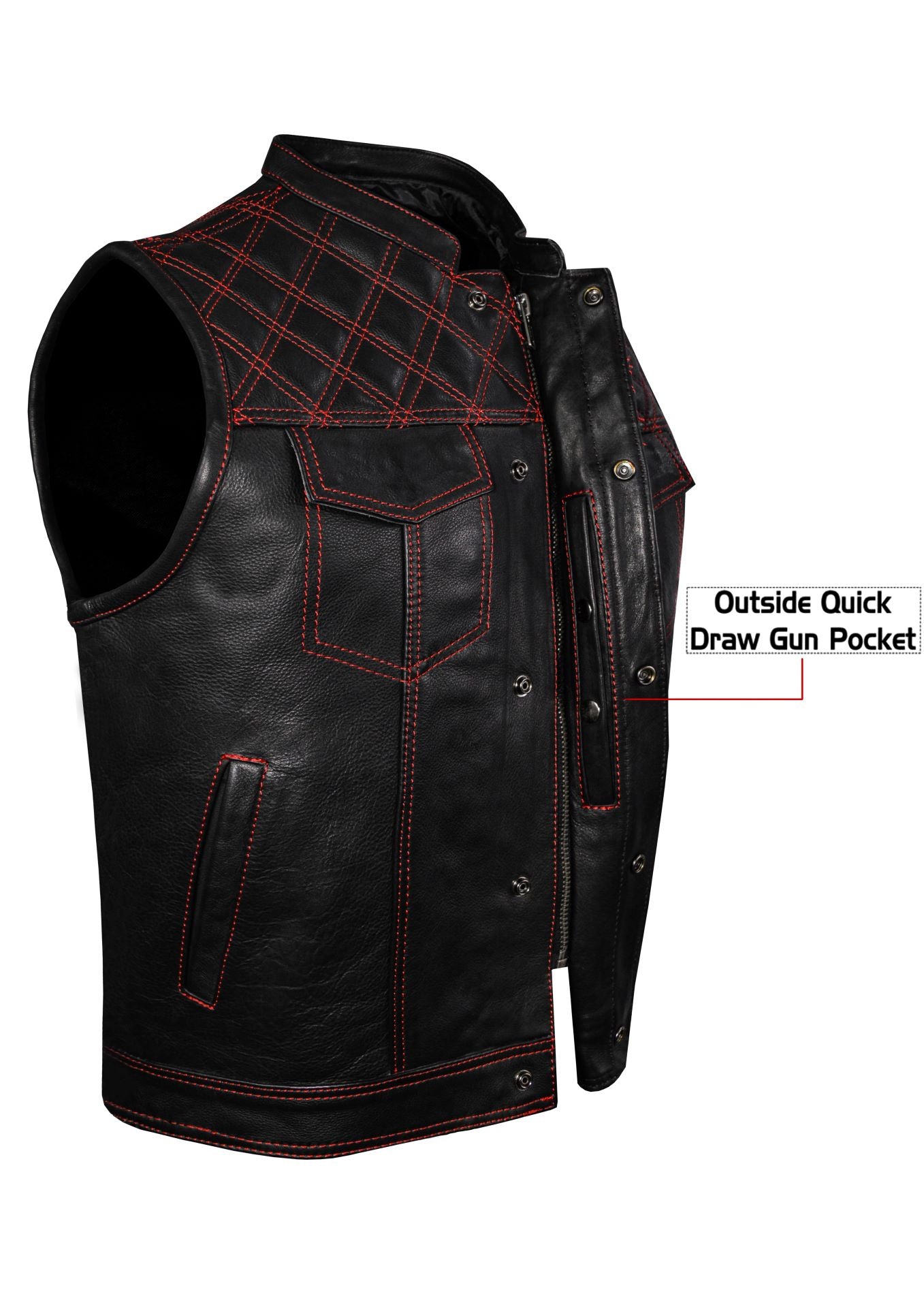 Mens Premium Naked Leather Motorcycle Club Vest Red Thread Zipper Front, Diamond Padding - Image 4