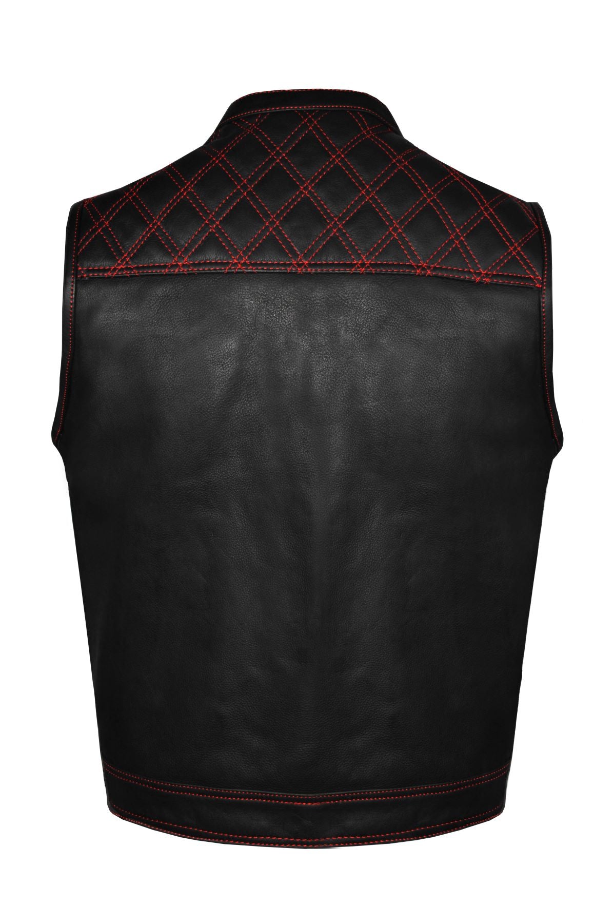 Mens Premium Naked Leather Motorcycle Club Vest Red Thread Zipper Front, Diamond Padding - Image 5