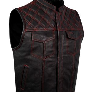 Dream Apparel Mens Naked Leather Motorcycle Club Vest Red Thread Zipper Front, Diamond Padding
