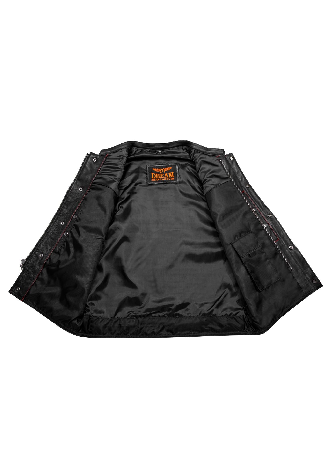 Dream Apparel Mens Naked Leather Motorcycle Club Vest Red Thread Zipper Front, Diamond Padding - Image 3