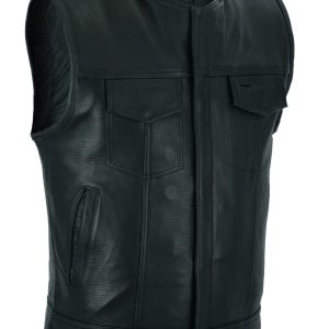 Mens Leather Motorcycle Club Vest With Zipper & No Collar