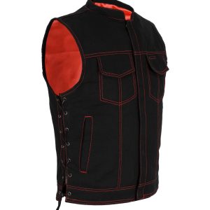 Mens SOA Style Motorcycle Club Vest® Black Denim Conceal Gun Pockets Side Laces Red Thread Red Liner