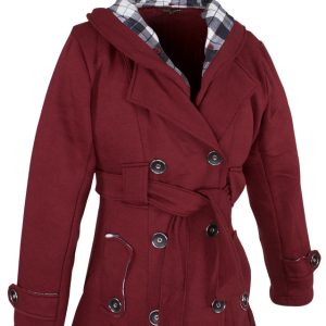 Ladies Burgundy Button Up Coat W/ Belt and Removable Hood