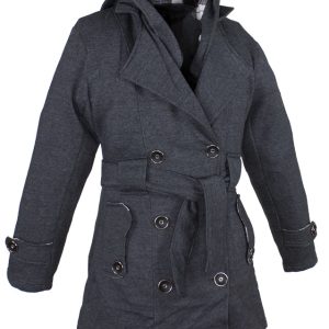 Ladies Dark Grey Button Up Coat W/ Belt and Removable Hood