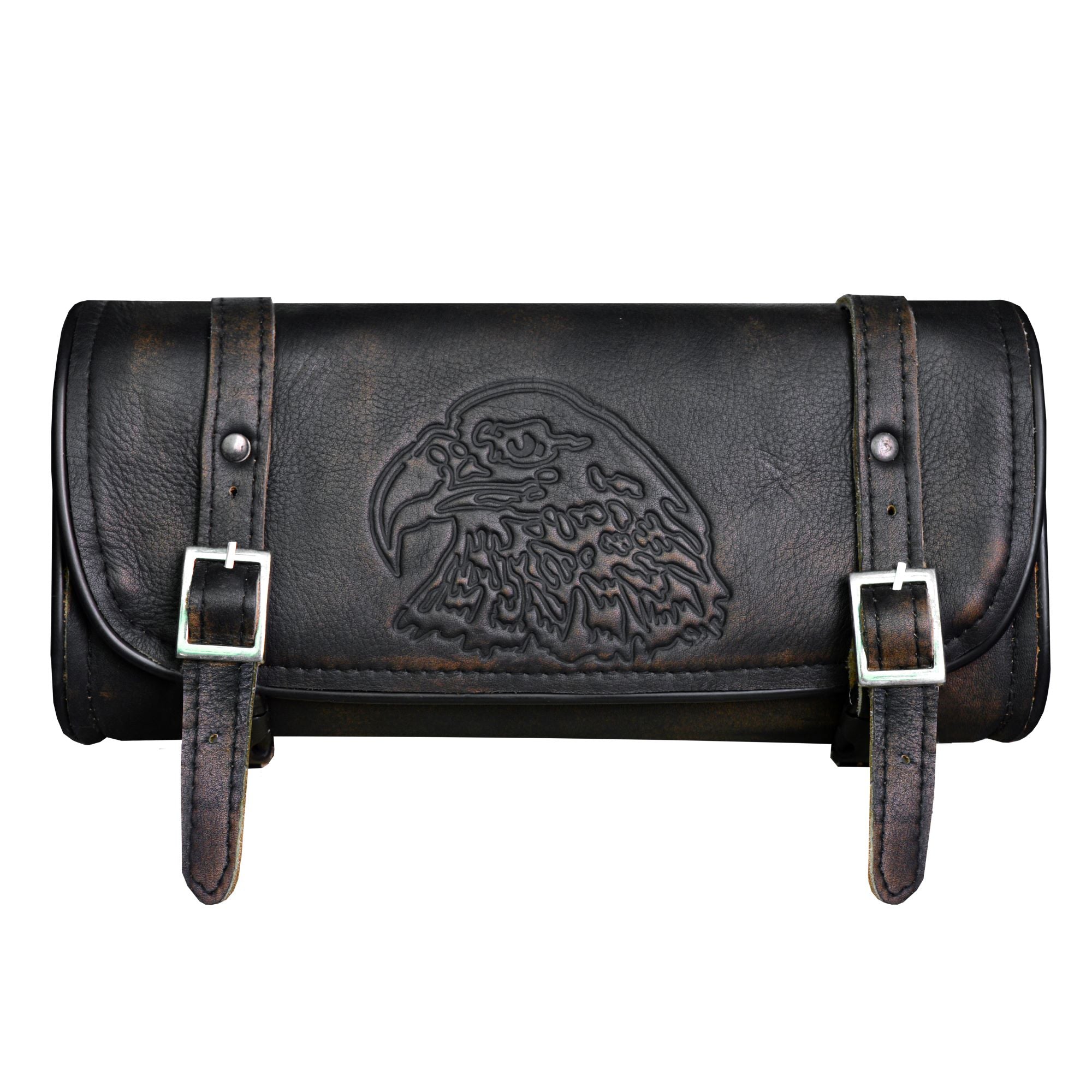 Distress Brown Leather 10" Motorcycle Tool Bag With Eagle - Image 3