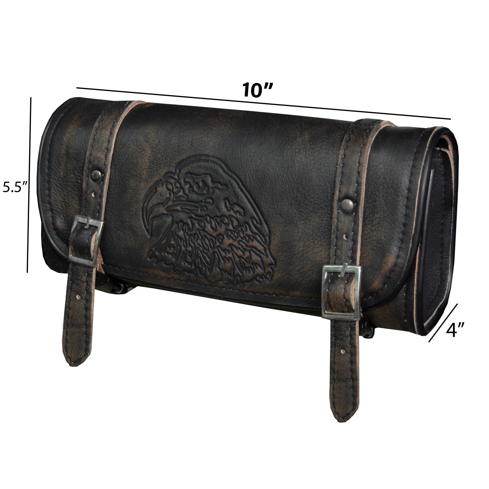 Distress Brown Leather 10" Motorcycle Tool Bag With Eagle - Image 5
