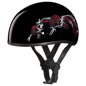 DOT Approved Daytona Motorcycle Half Face Helmet - Skull Cap Graphics for Men & Women, Scooters, ATVs, UTVs & Choppers - W/ Barbed Roses