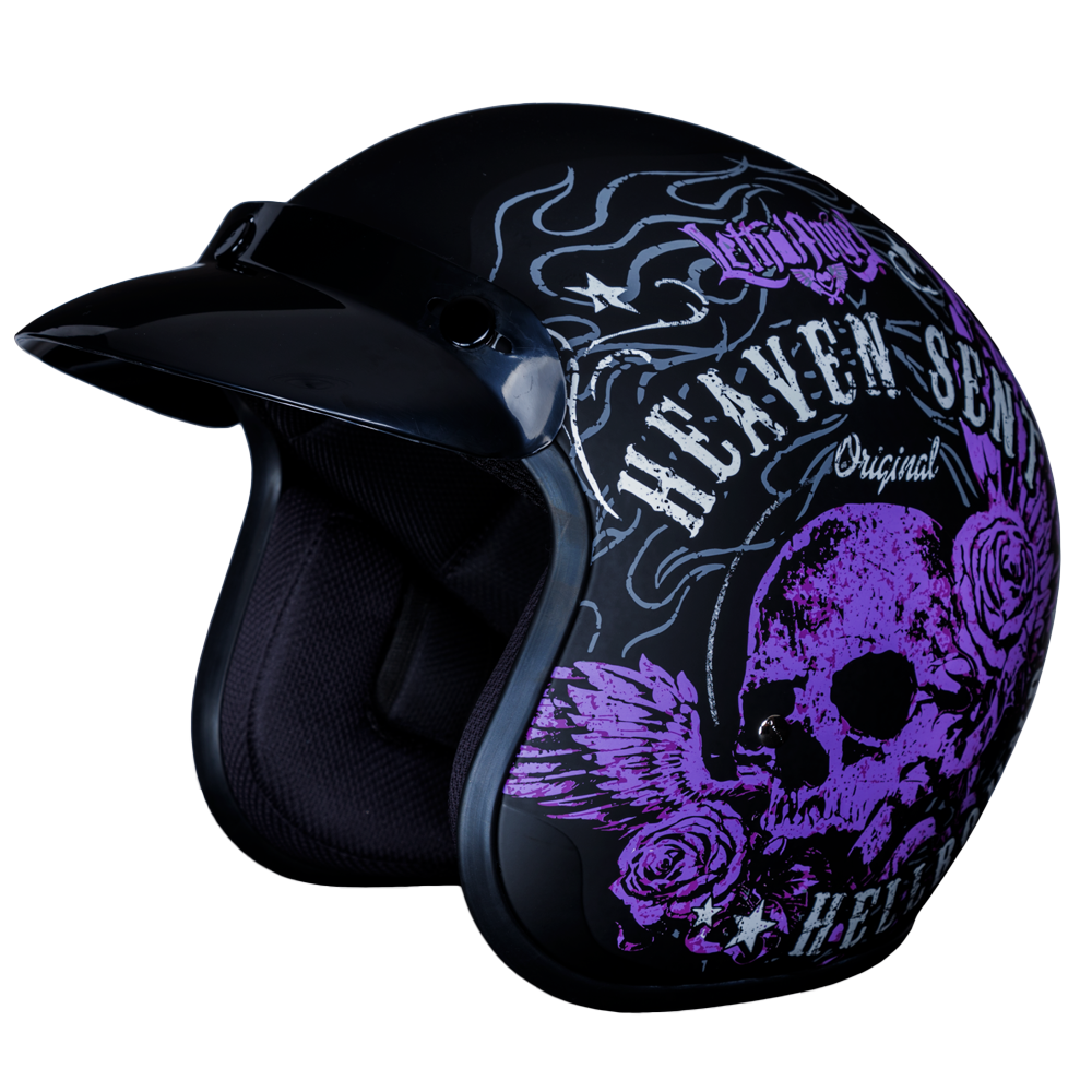DOT Approved Daytona Cruiser Open Face Motorcycle Helmet - Men, Women & Youth - With Visor & Graphics - W/ Heaven Sent