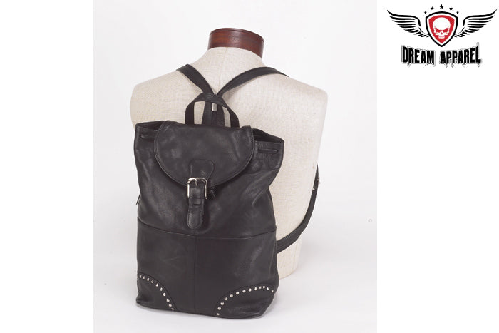 Women Black Backpack With Fold Over Flap