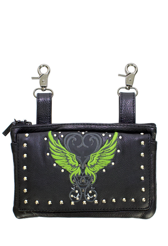 Studded Naked Cowhide Leather Belt Bag With Lime Green Wings