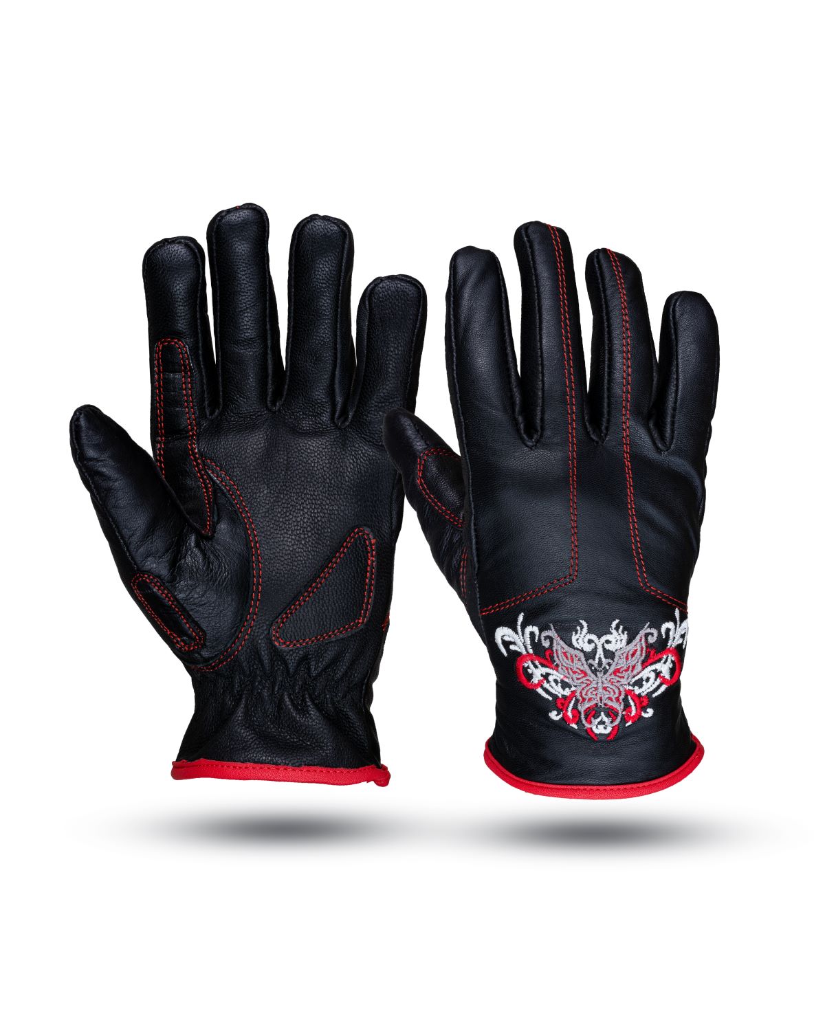 Red & Siver Butterfly in a White Graphic Embroidered Leather Gloves