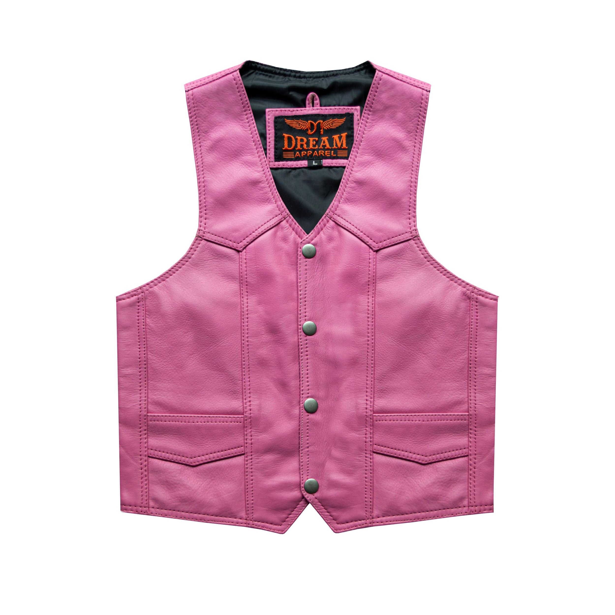 Kids Pink Leather Motorcycle Vest With Button Snap Closure