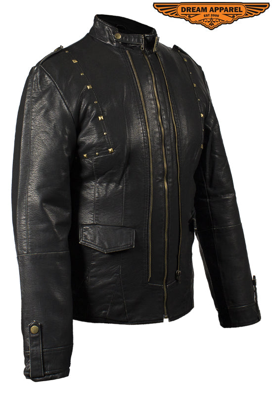 Women's Black Soft Jacket With Studs On Front & Back