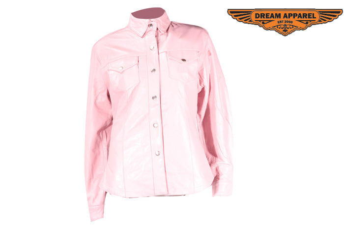 Womens Leather Pink Shirt With Snaps Lining