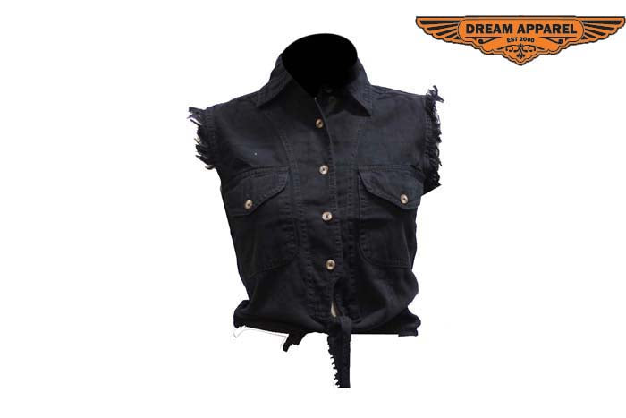Women Black Denim Sleeveless Shirt with Buttons