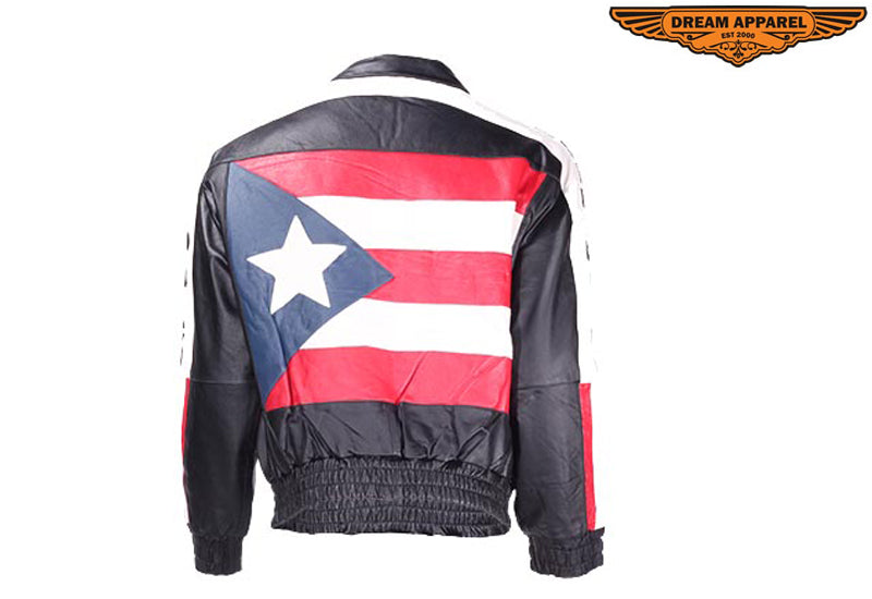 Leather Motorcycle Jacket With Puerto Rico Flag