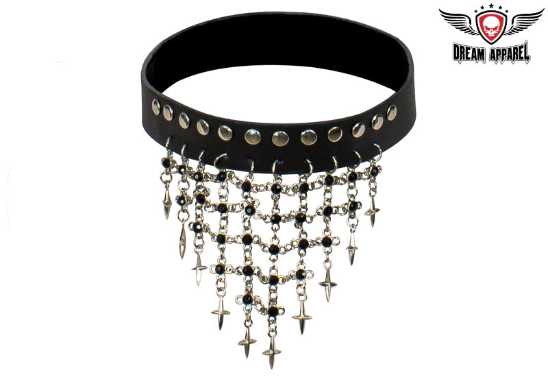 Leather Necklace With Crosses & Black Stud