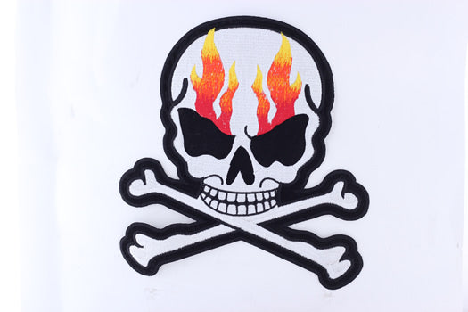 Silver Metallic Skull with Flames and Corssbones Patch
