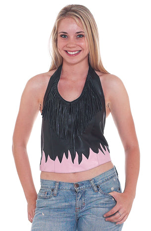 Women Black & Pink Flame Halter with Fringe
