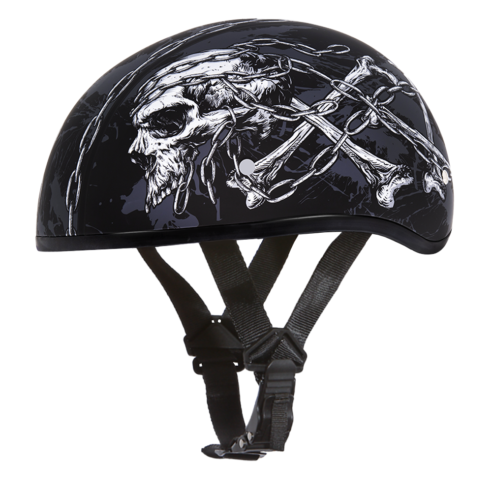 DOT Approved Daytona Motorcycle Half Face Helmet - Skull Cap Graphics for Men & Women, Scooters, ATVs, UTVs & Choppers - W/ Skull Chains