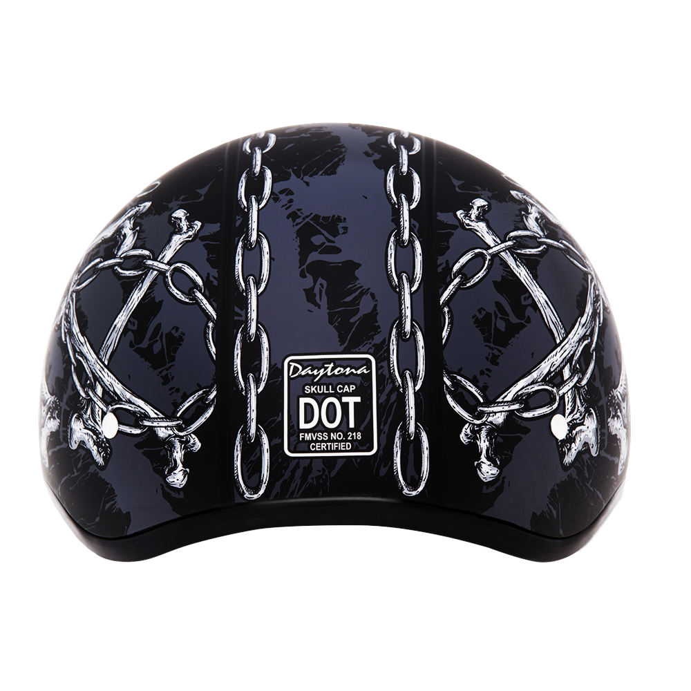 DOT Approved Daytona Motorcycle Half Face Helmet - Skull Cap Graphics for Men & Women, Scooters, ATVs, UTVs & Choppers - W/ Skull Chains